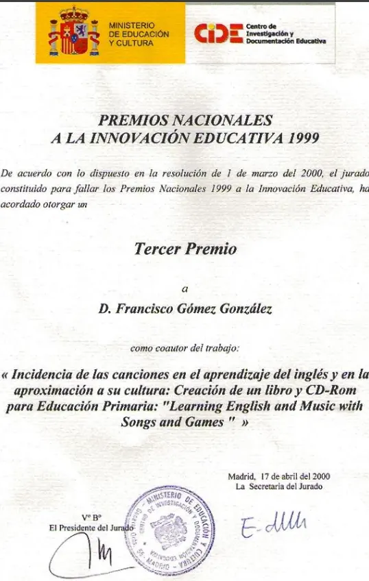 FRANCISCO GÓMEZ GONZÁLEZ -PREMIO INNOVACIÓN EDUCATIVA MINISTERIO DE EDUCACIÓN Y CULTURA Y CENTRO DE INVESTIGACIÓN Y DOCUMENTACION EDUCATIVA