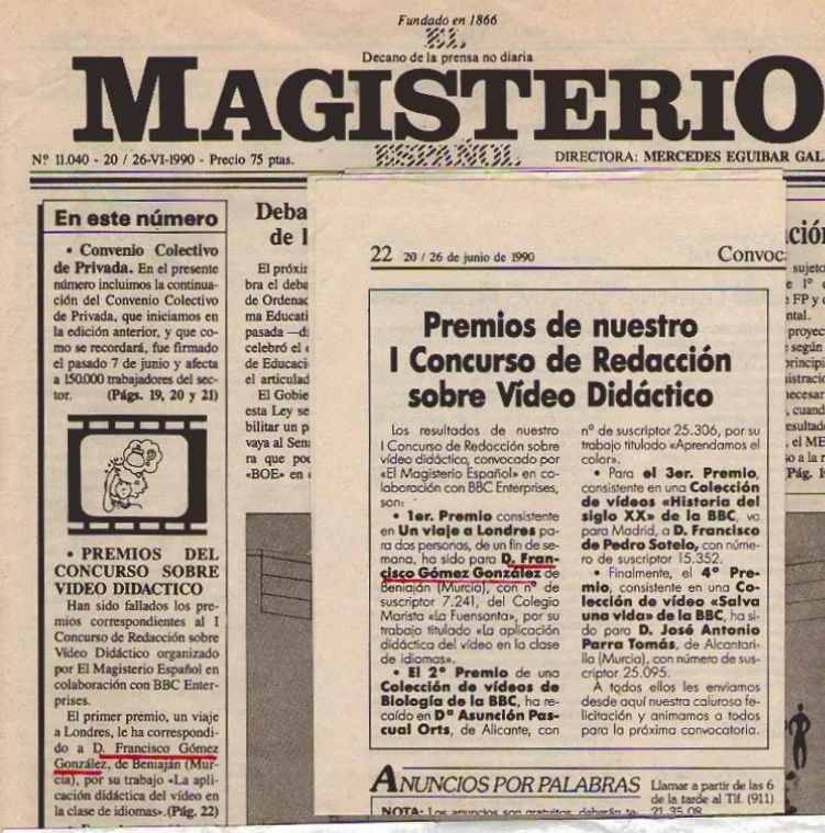 Francisco Gómez González. Primer premio MAGISTERIO ESPAÑOL 1990