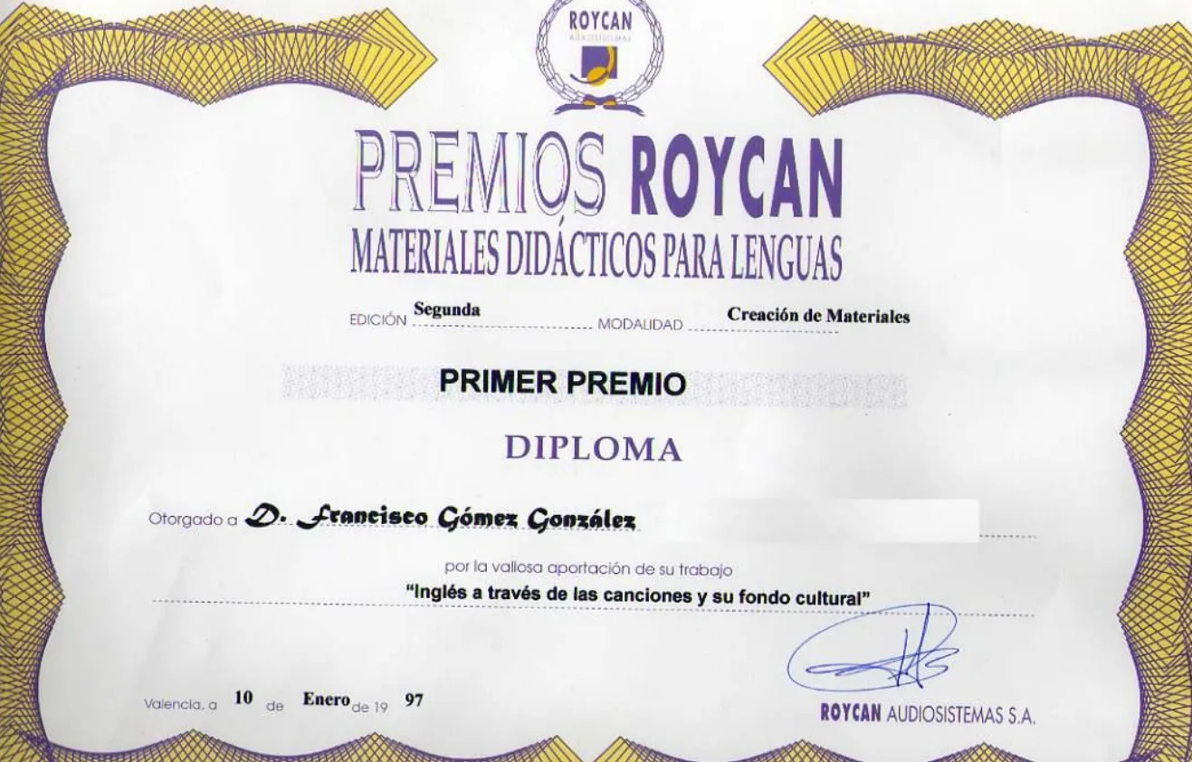 Francisco Gómez González. Primer Premio Roycan 1997.